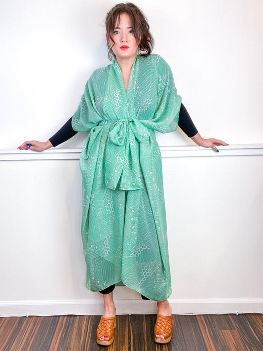 Print High Low Kimono Mint Swirl Chiffon