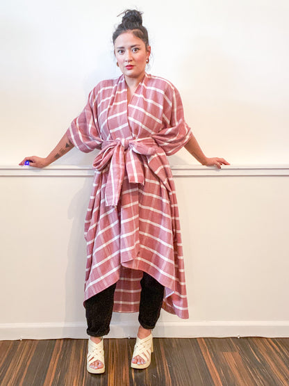 Print High Low Kimono Clay Plaid Rayon Woven