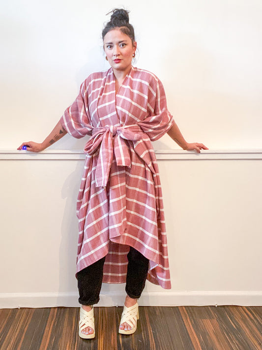 Print High Low Kimono Clay Plaid Rayon Woven