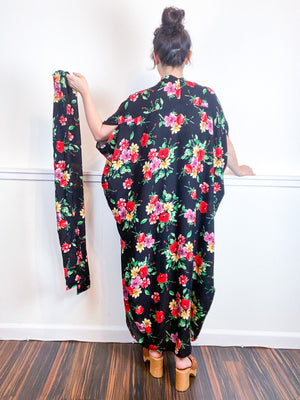 Print High Low Kimono Black Red Floral Rayon Challis