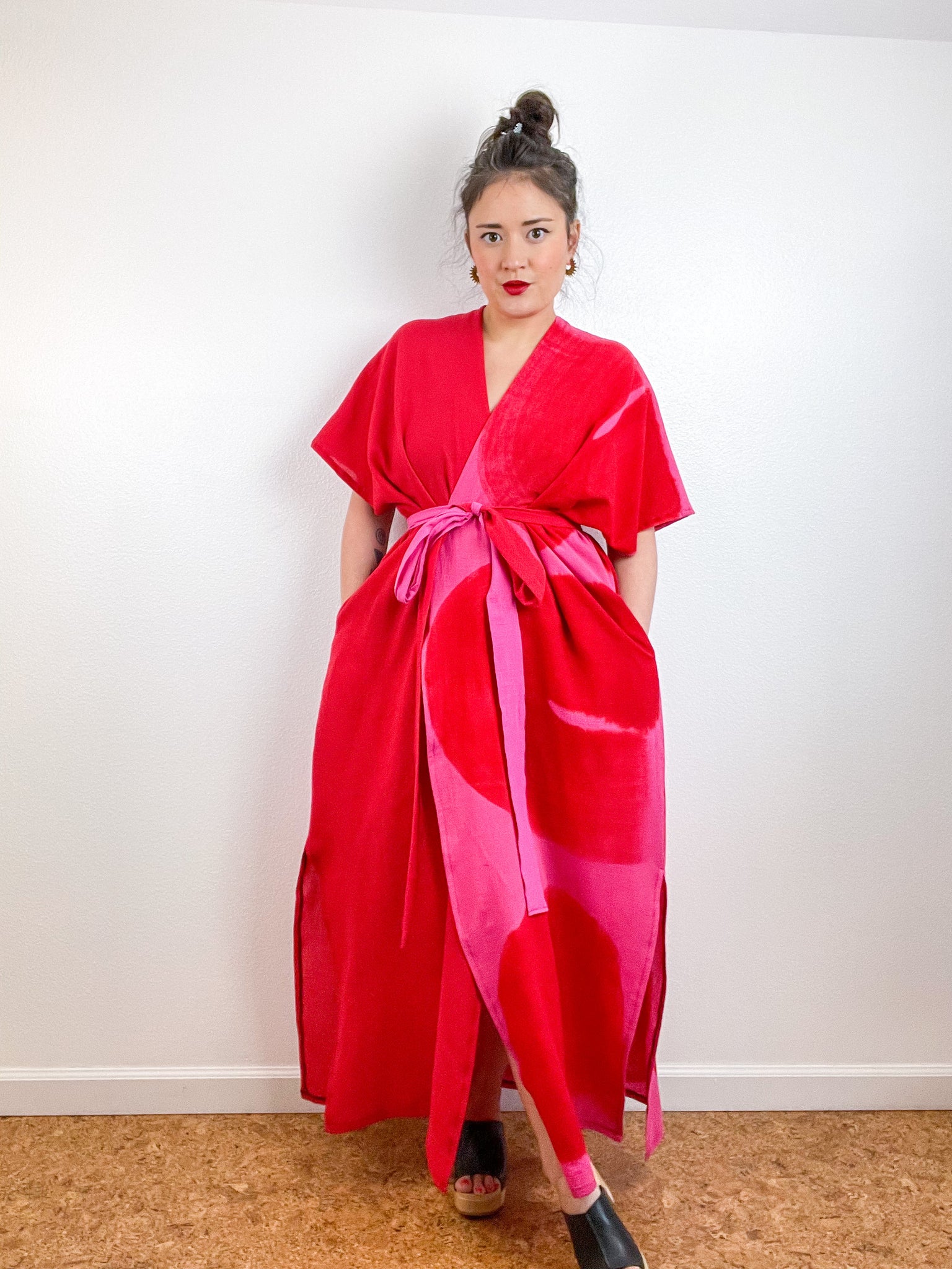 Single Gauze Duster Kimono Scarlet Fuchsia Brushstrokes