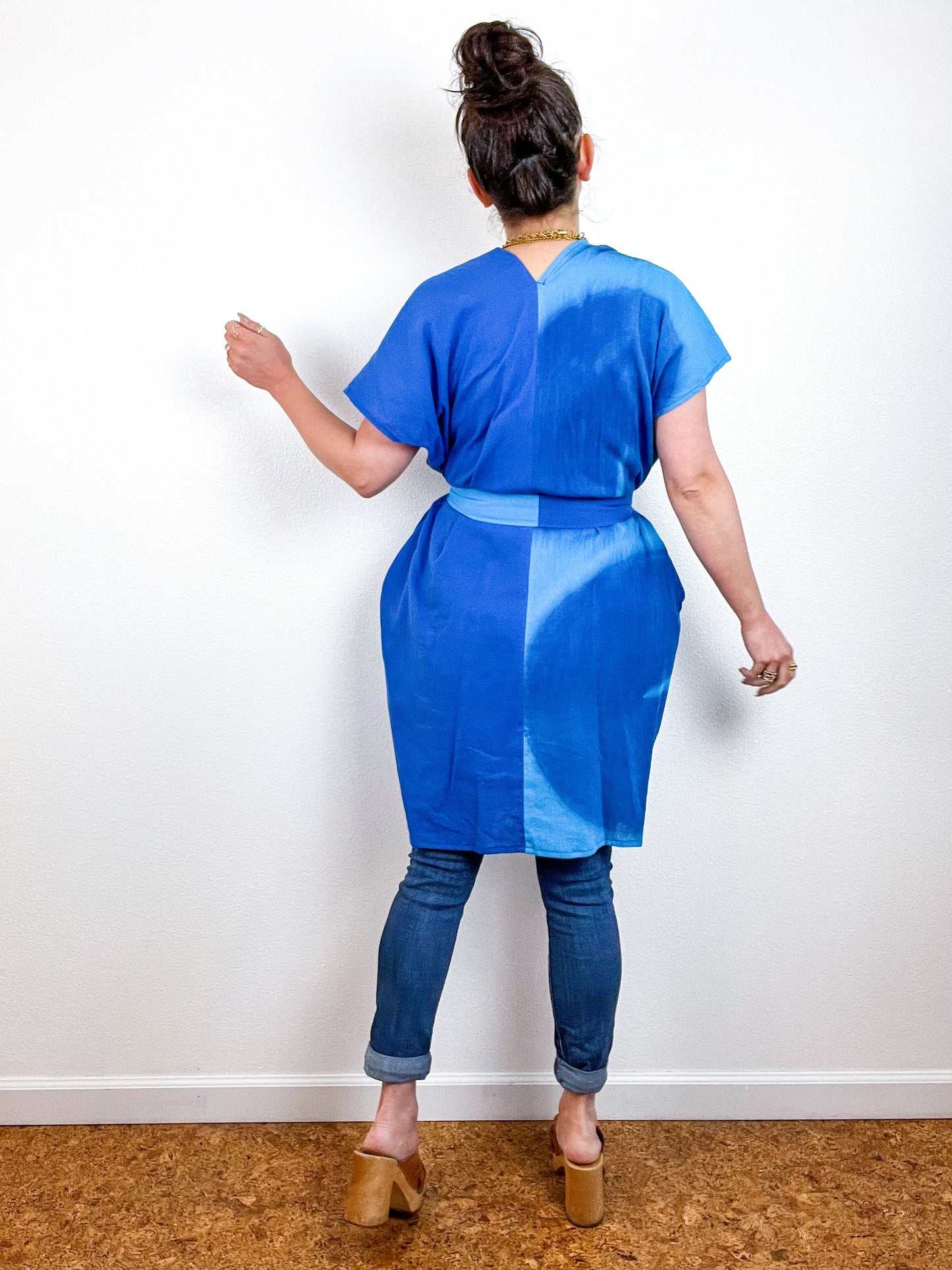 Single Gauze Mini Caftan Dress Turquoise Royal Brushstrokes