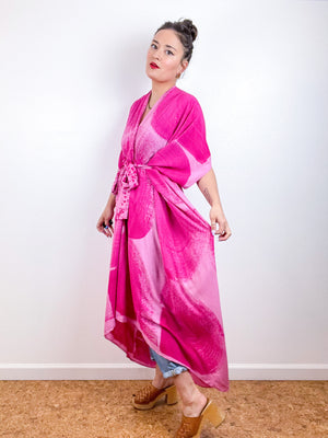 Hand-Dyed High Low Kimono Pink Fuchsia Brushstroke