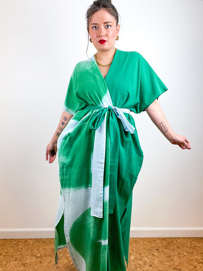 Single Gauze Duster Kimono Green Aqua Brushstrokes