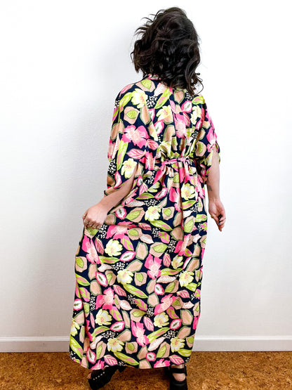 Print High Low Kimono Navy Pink Chartreuse Floral Challis
