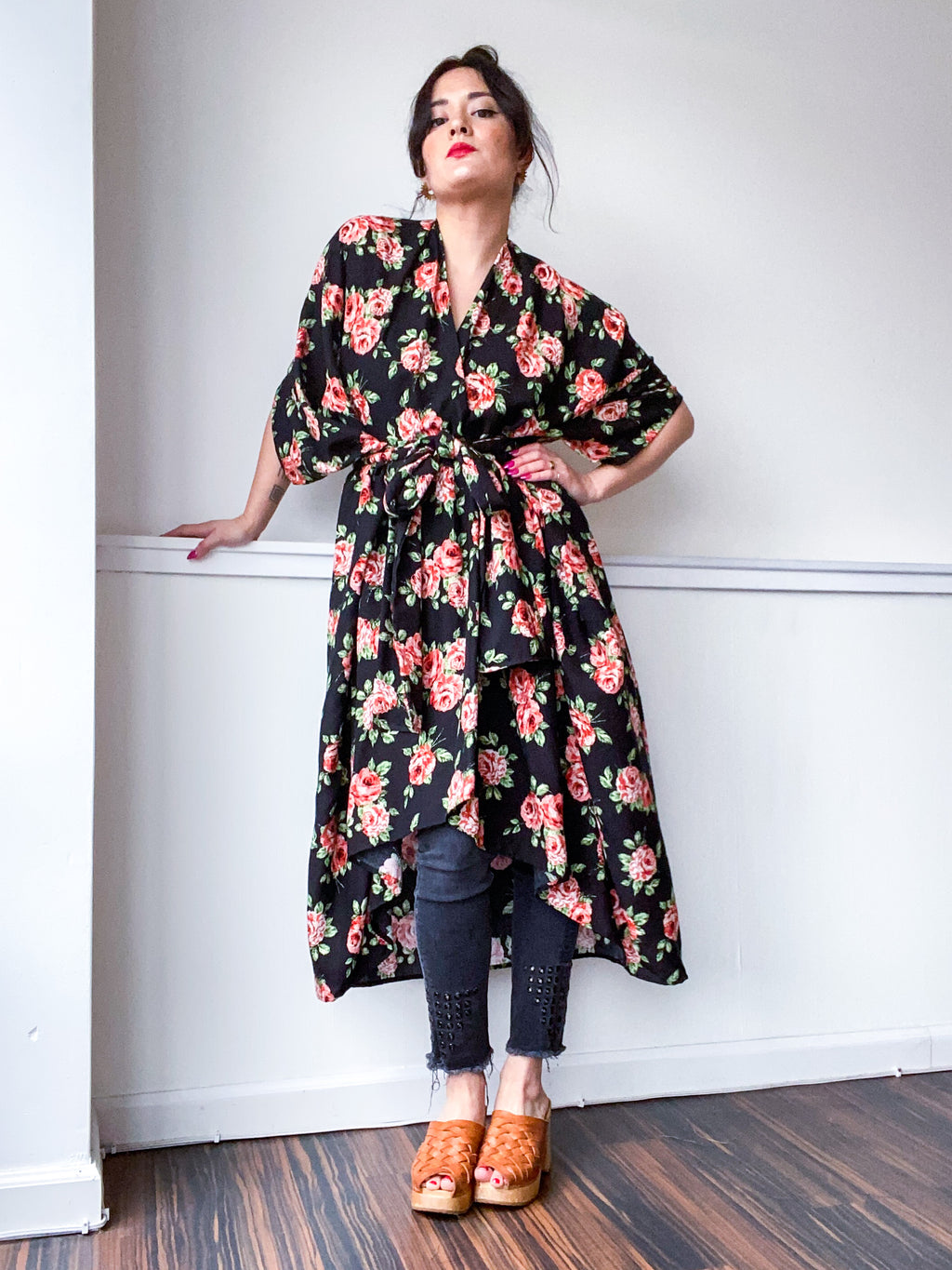 Print High Low Kimono Black Rose Floral