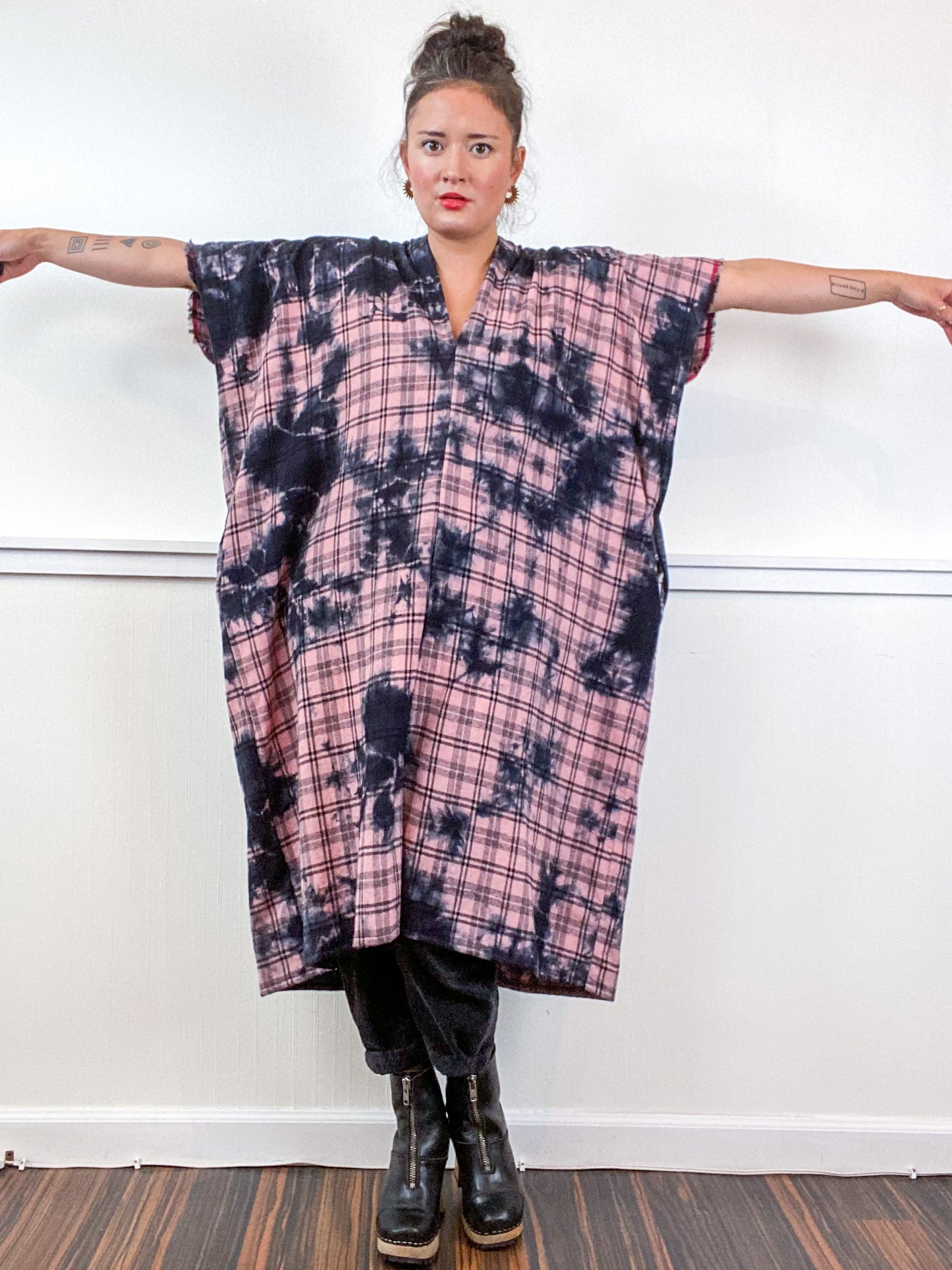 Over-Dye Plaid Smock Dress Pink Black