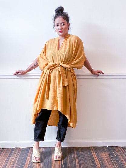 Solid High Low Kimono Mustard Cotton Gauze
