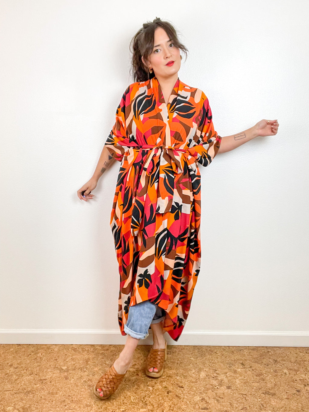 Print High Low Kimono Orange Mod Botanical Challis