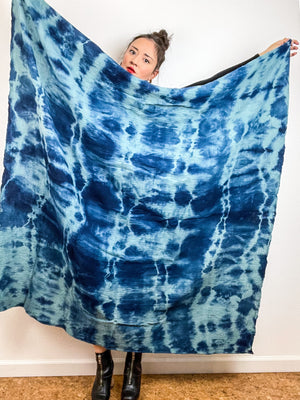 Hand-Dyed Cotton Blanket Scarf Sage Indigo Lines