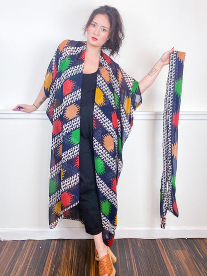 Print High Low Kimono Navy Southwest Chiffon