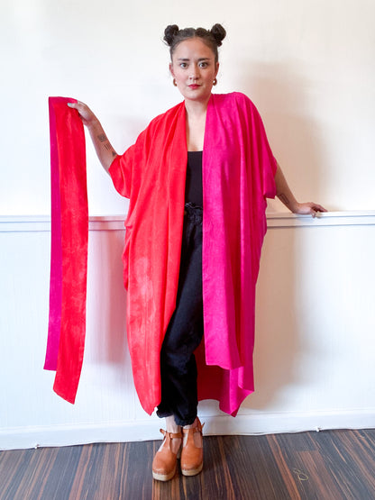 Hand-Dyed High Low Kimono Two Tone Fuchsia Scarlet