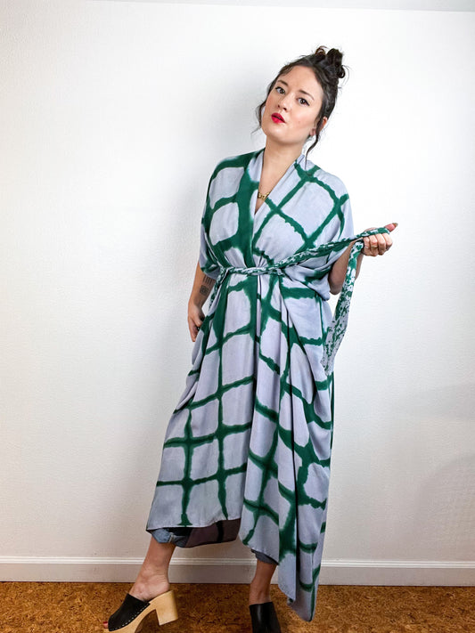 Hand-Dyed High Low Kimono Wisteria Forest Windowpane