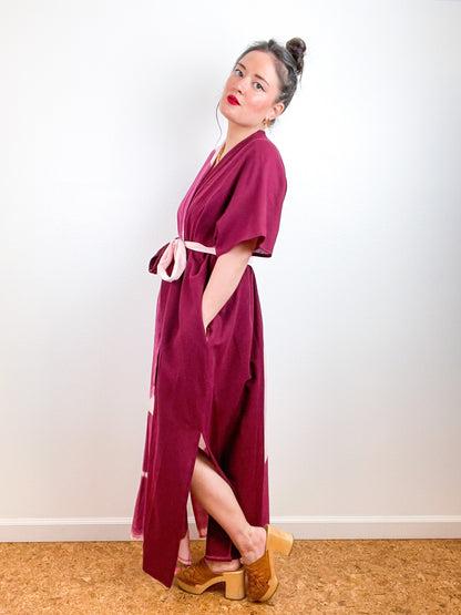 Single Gauze Duster Kimono Maroon Blush Brushstrokes