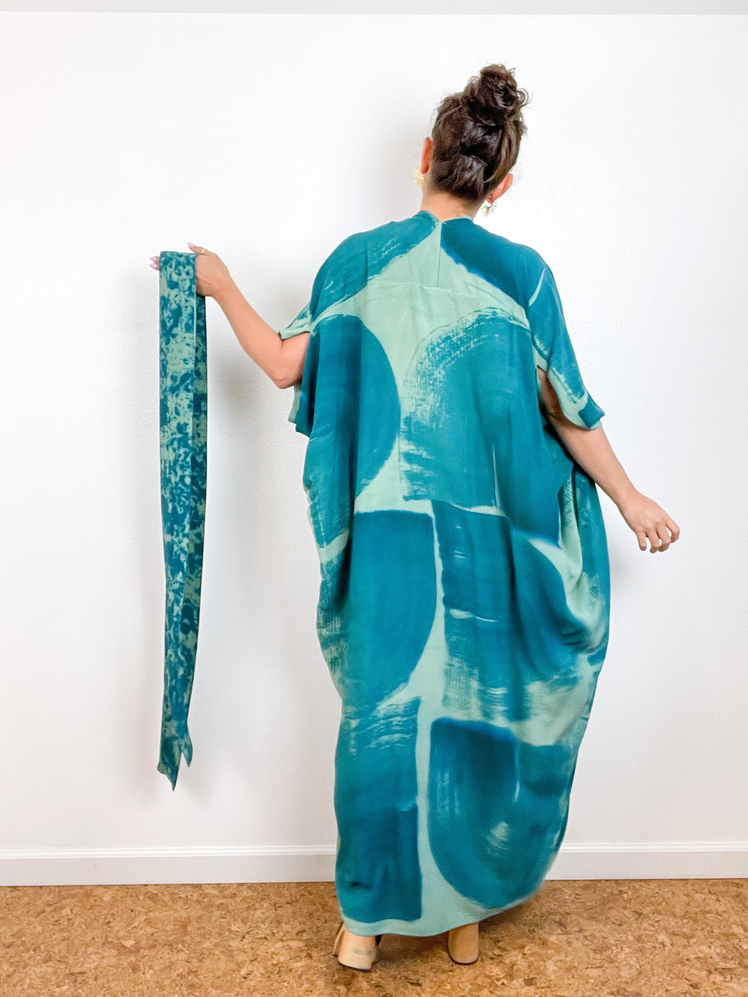 Hand-Dyed High Low Kimono Sage Teal Brushstroke