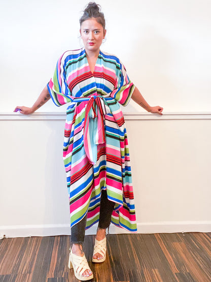 Print High Low Kimono Pink Lime Stripe Bubble Crepe