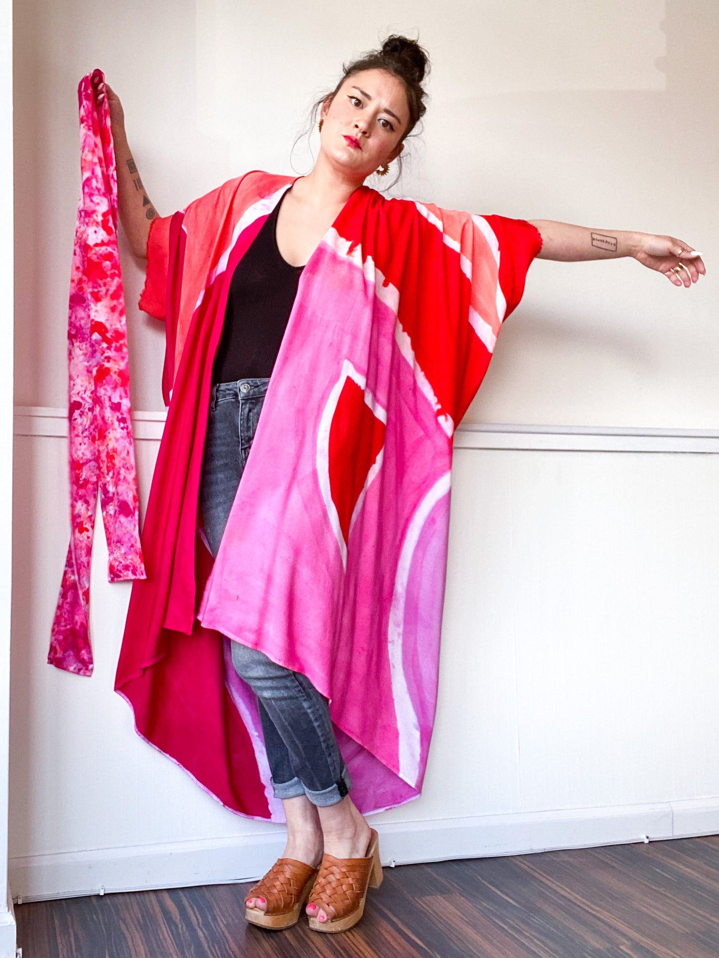 Limited Edition Hand-Dyed High Low Kimono Shape Study Pink Red