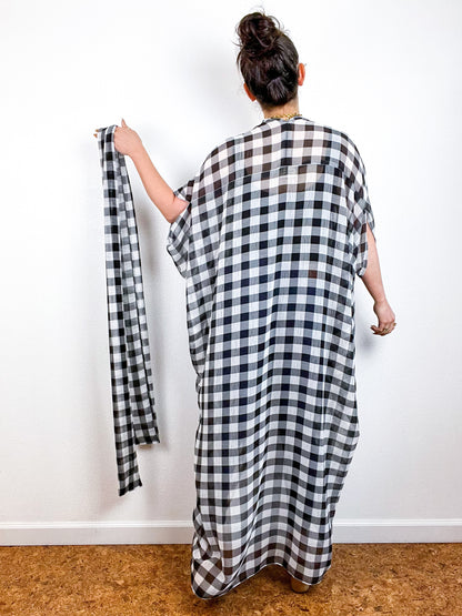 Print High Low Kimono Black White Buffalo Crinkle Chiffon