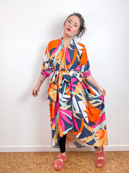 High Low Kimono Multicolor Palms Rayon Challis