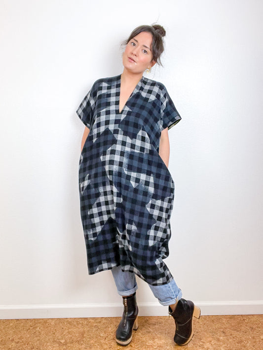 Disrupted Plaid Flannel Smock Dress Black X Grey Buffalo
