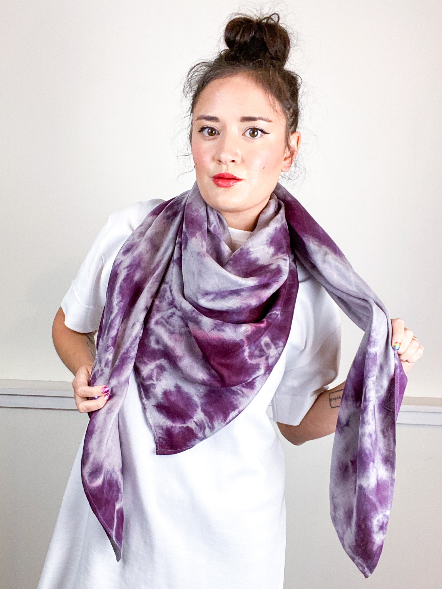 Hand-Dyed Large Square Scarf Grey Black Cherry Tie