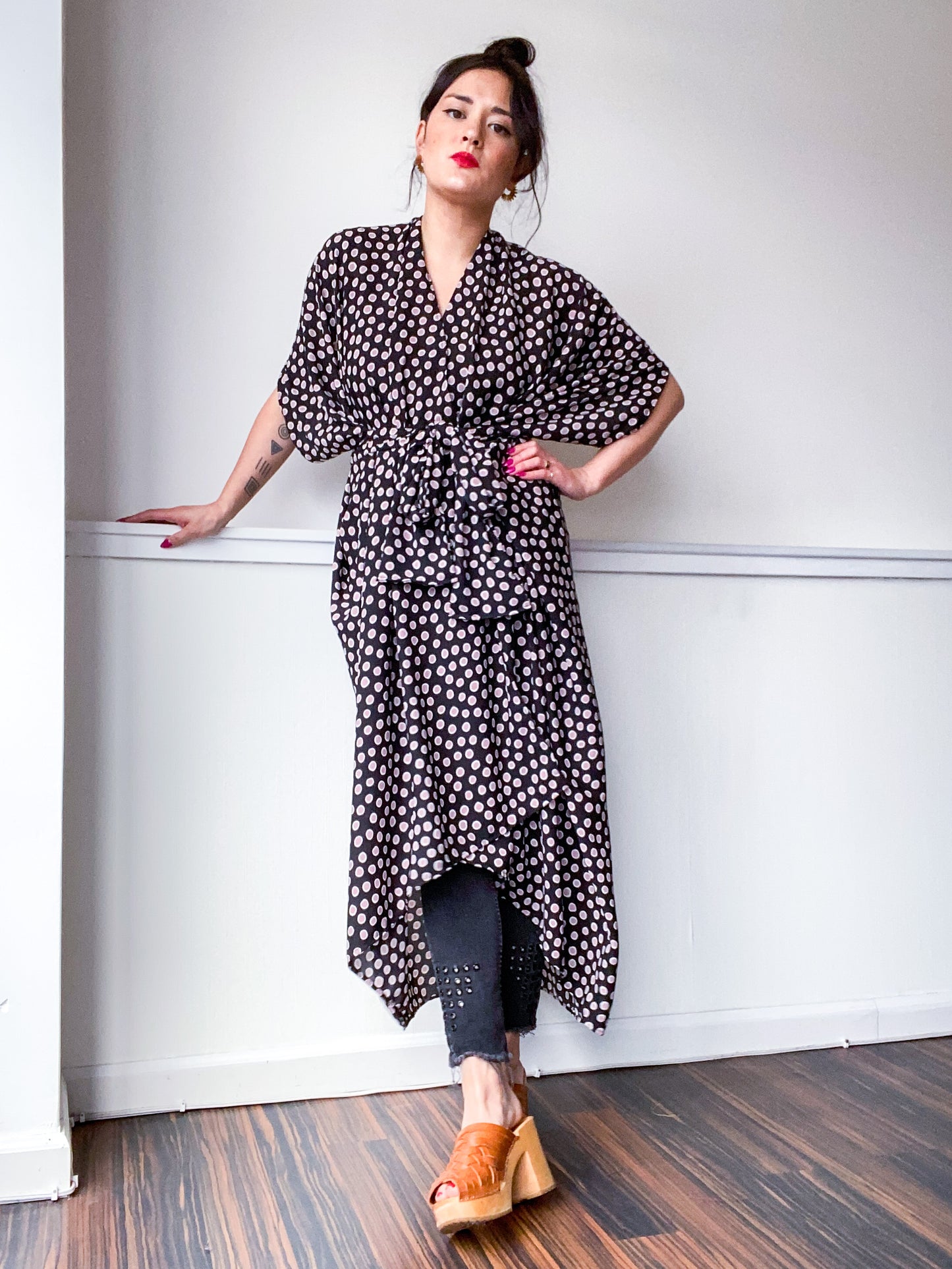 Print High Low Kimono Black Pink Dots