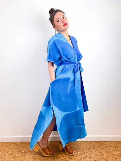 Single Gauze Duster Kimono Royal Turquoise Brushstrokes