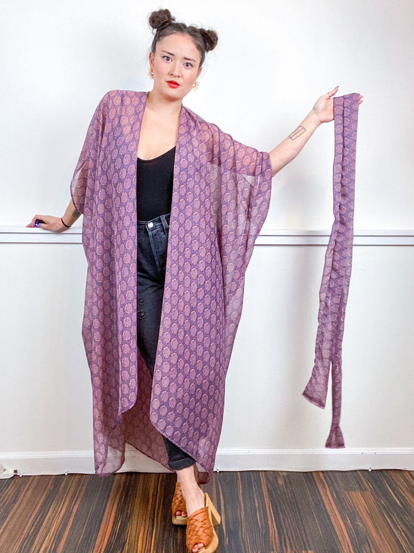 Print High Low Kimono Lavender Fox Chiffon