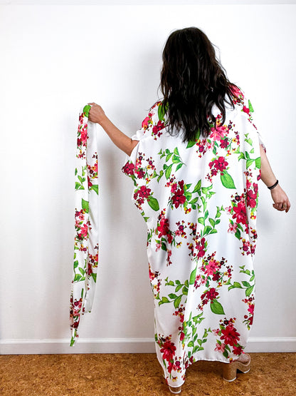 Print High Low Kimono Ivory Red Green Floral Georgette