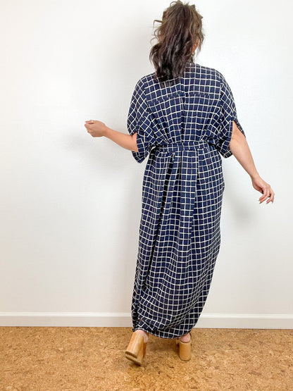 Print High Low Kimono Navy Windowpane Bubble Crepe