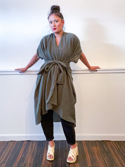 Solid High Low Kimono Army Green Cotton Gauze