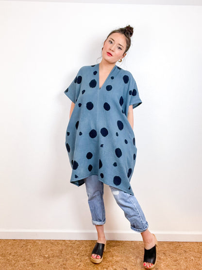 Hand-Dyed Double Gauze Smock Dress Spruce Dots