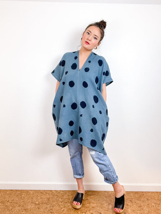 Hand-Dyed Double Gauze Smock Dress Spruce Dots