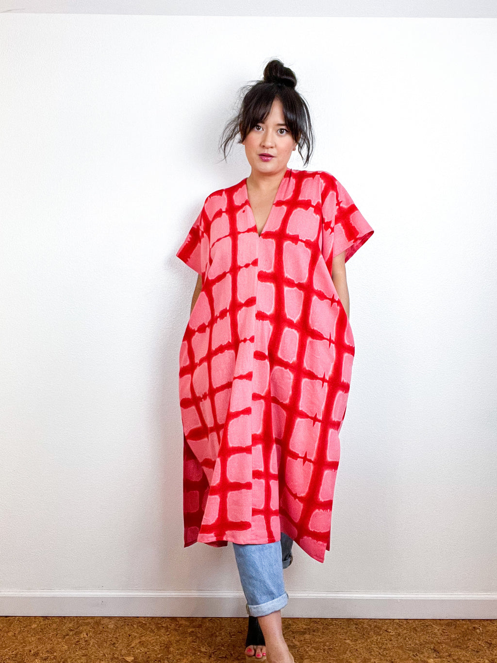 Hand-Dyed Midi Smock Dress Pink Scarlet Windowpane