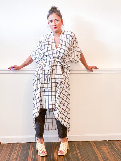 Print High Low Kimono Ivory Windowpane Rayon Challis