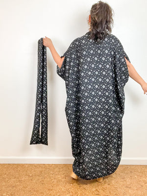 Print High Low Kimono Black Bandana Crinkle Gauze