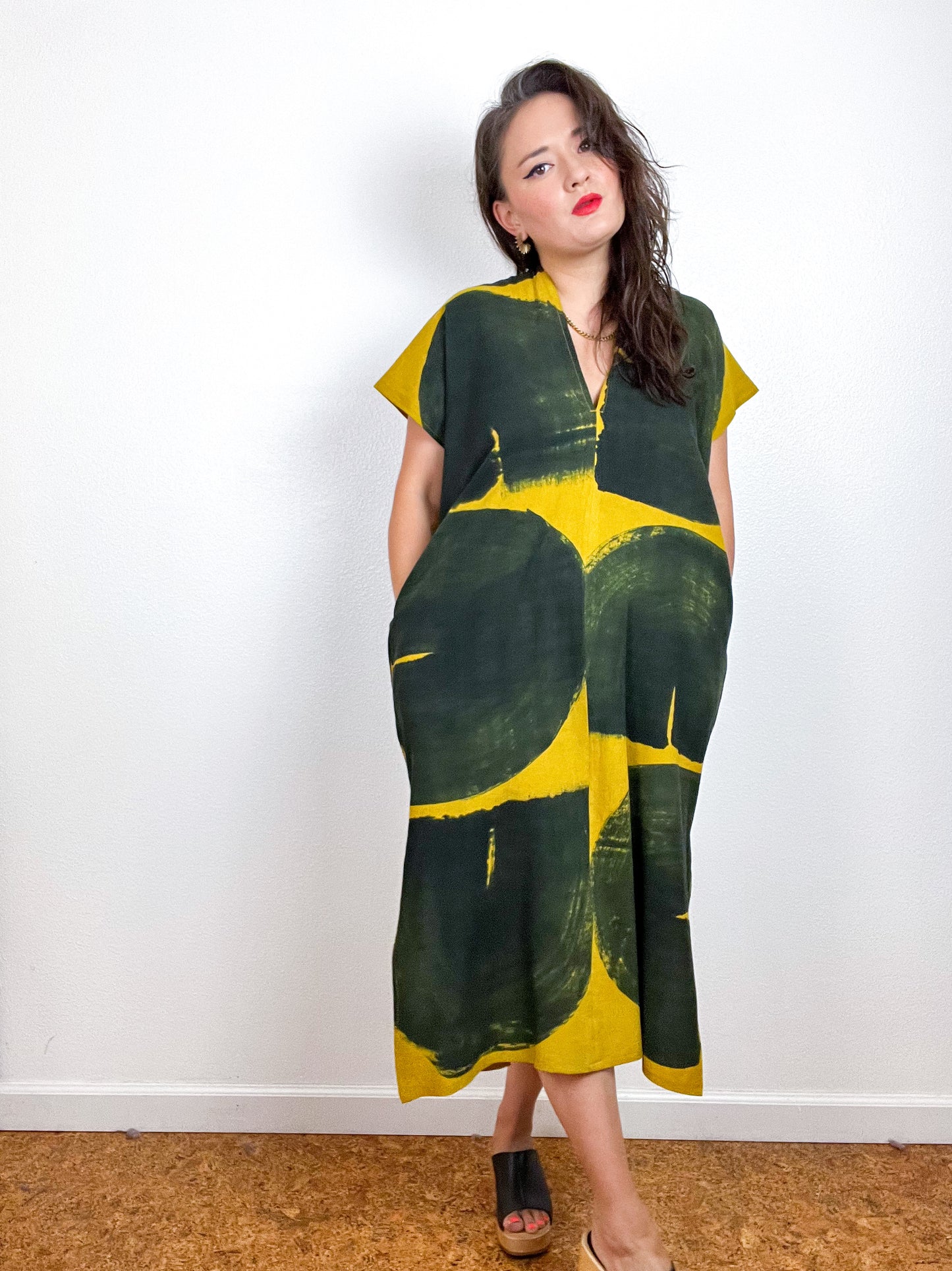 Hand-Dyed Midi Smock Dress Brass Black Brush