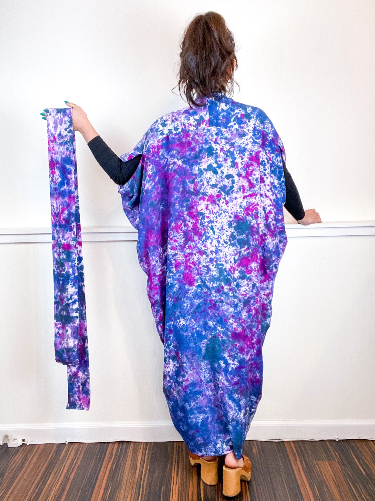 Hand-Dyed High Low Kimono Amethyst Orchid Indigo Teal Speckle