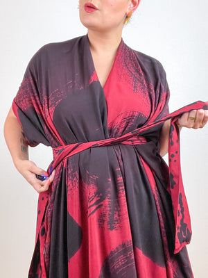 Hand-Dyed High Low Kimono Crimson Black Brushstroke