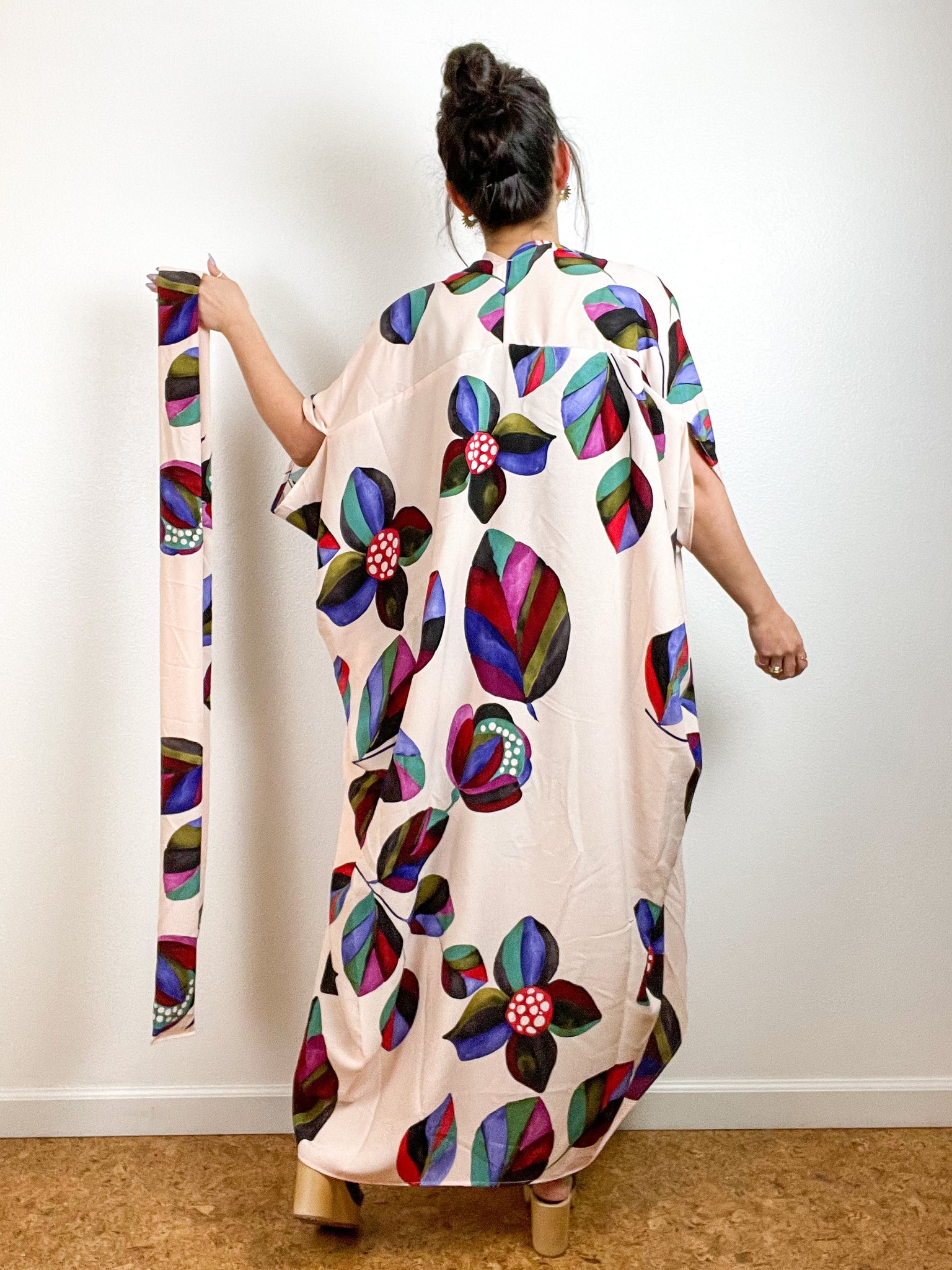 High Low Kimono Blush Leaves Rayon Challis