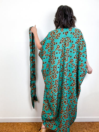 Print High Low Kimono Green Leopard Crepe de Chine