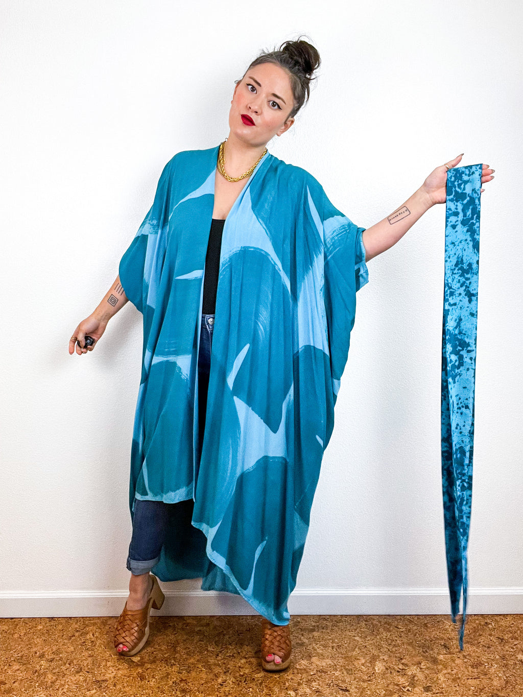 Hand-Dyed High Low Kimono Aqua Teal Brushstroke