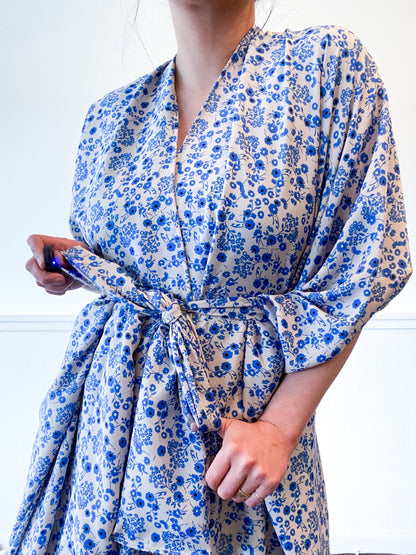 Print High Low Kimono Blue Ivory Mini Floral Crepe de Chine