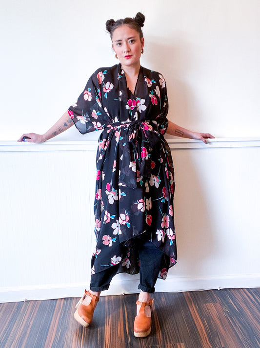 Print High Low Kimono Black Black Pink Floral Chiffon