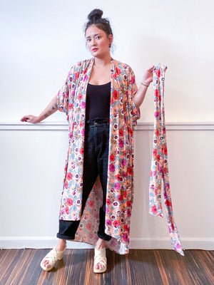 Print High Low Kimono Peach Floral Knit
