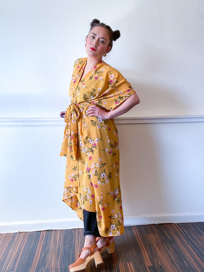 High Low Kimono Mustard Mini Floral Bubble Crepe