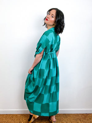 Hand-Dyed High Low Kimono Teal Green Checkerboard