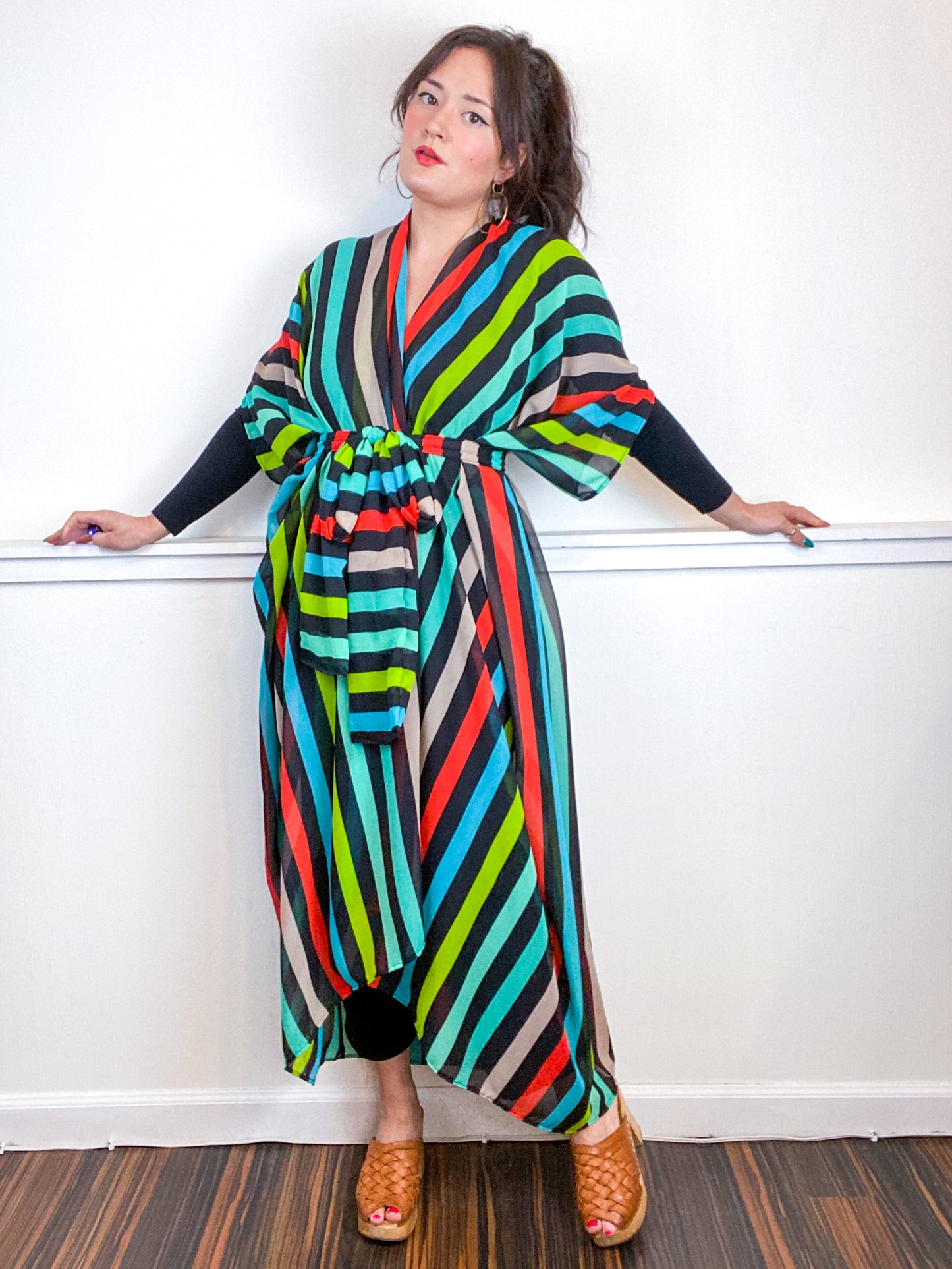 Print High Low Kimono Multi Stripe Chiffon