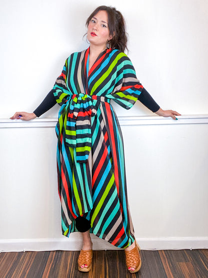 Print High Low Kimono Multi Stripe Chiffon