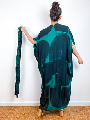 Hand-Dyed High Low Kimono Emerald Black Brushstroke